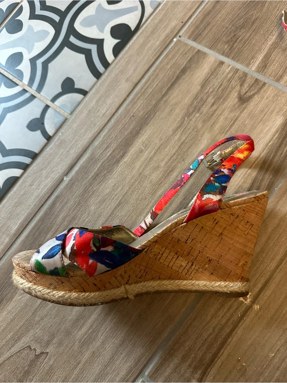 GUESS Floral Print Cork Wedge Sandals in Red, Blue and Pink